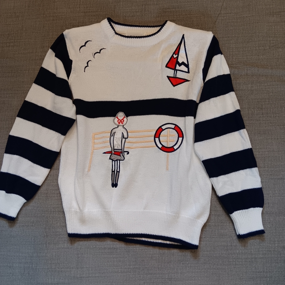 Alfred Dunner Navy and White Striped Nautical Crewneck Sweater